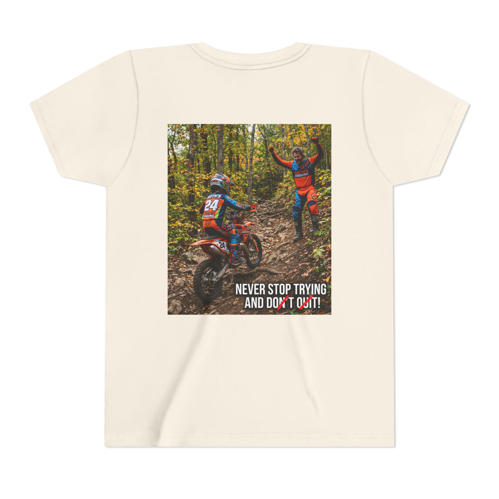 Youth Dirt Bike Tee — "Never Stop Trying and Don't Quit" Motivational Motocross Shirt