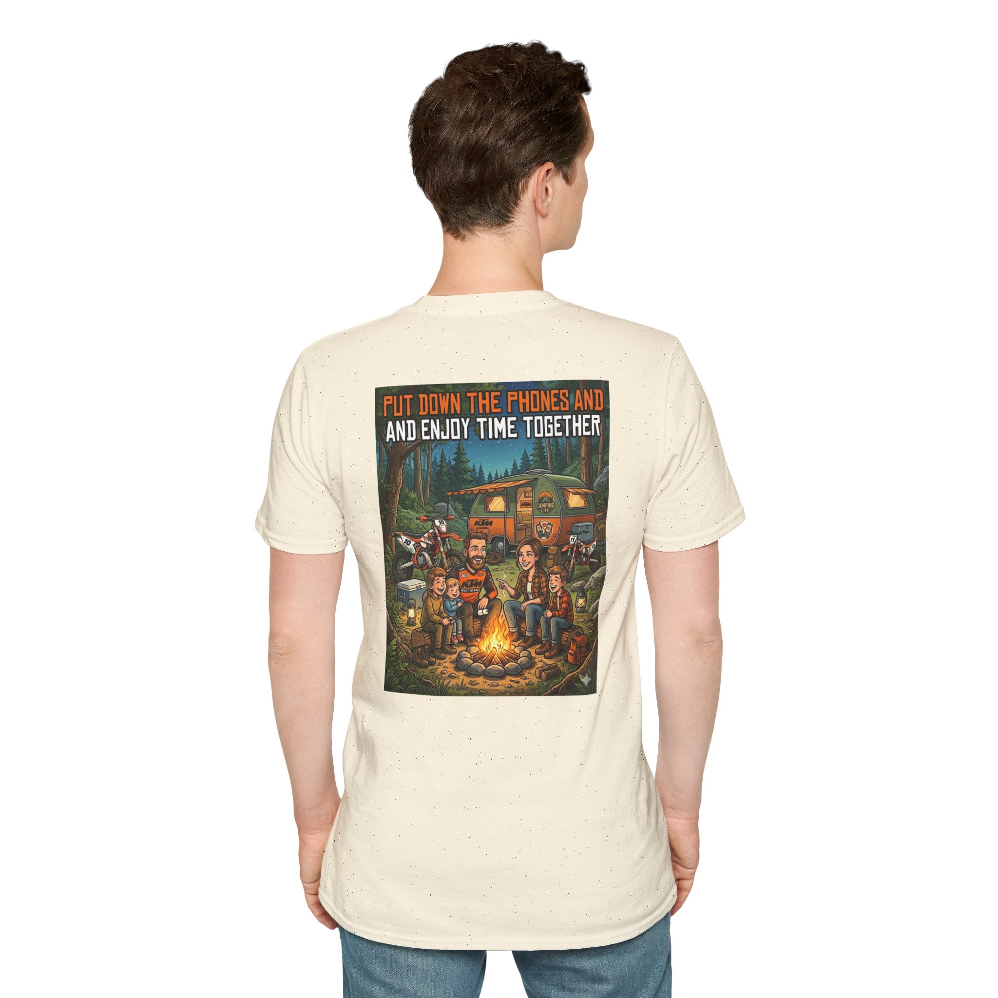 Camping Family T‑Shirt — "Put Down the Phones and Enjoy Time Together" Outdoor Campfire Dirt Bike Tee