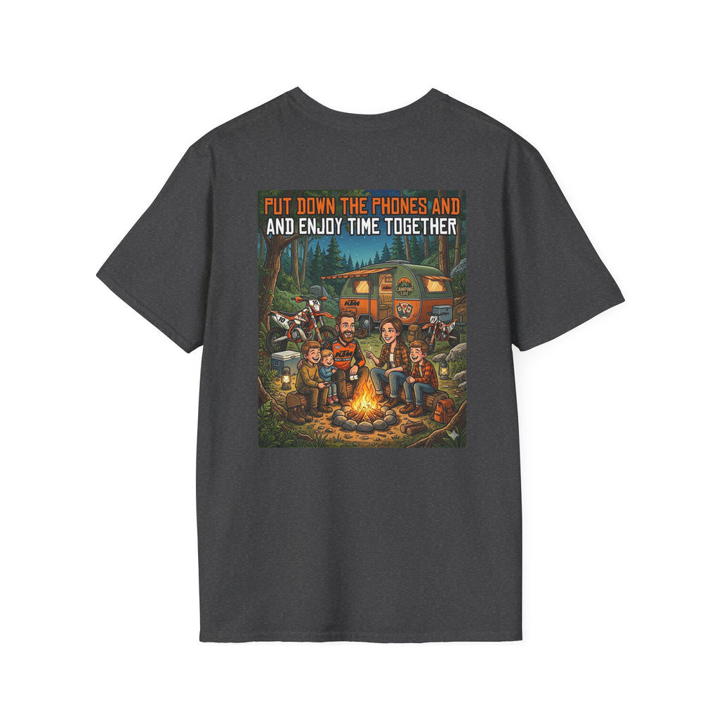 Camping Family T‑Shirt — "Put Down the Phones and Enjoy Time Together" Outdoor Campfire Dirt Bike Tee
