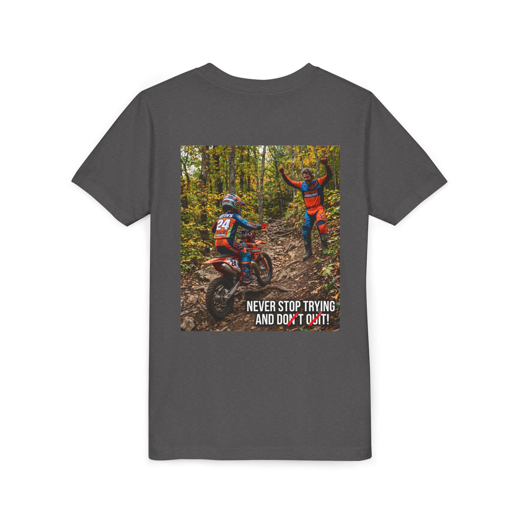 Youth Dirt Bike Tee — "Never Stop Trying and Don't Quit" Motivational Motocross Shirt