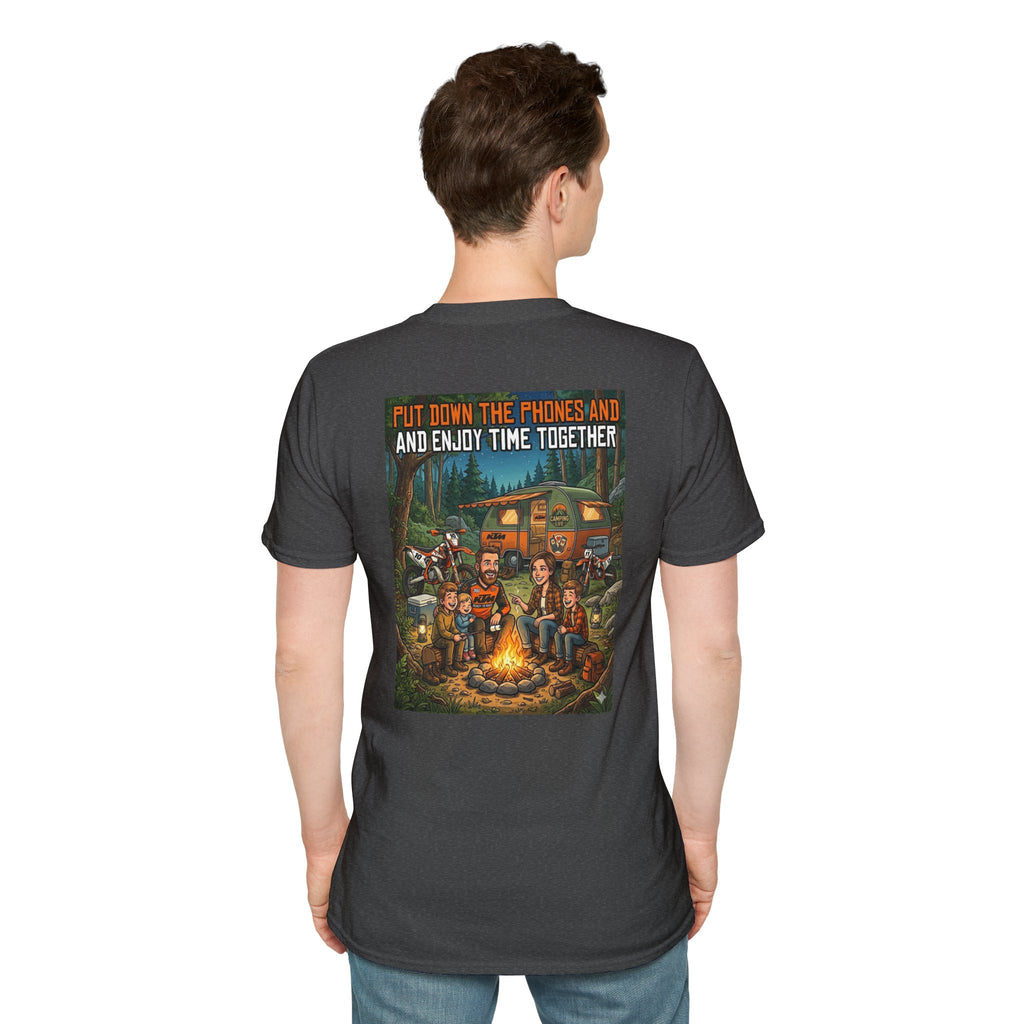 Camping Family T‑Shirt — "Put Down the Phones and Enjoy Time Together" Outdoor Campfire Dirt Bike Tee