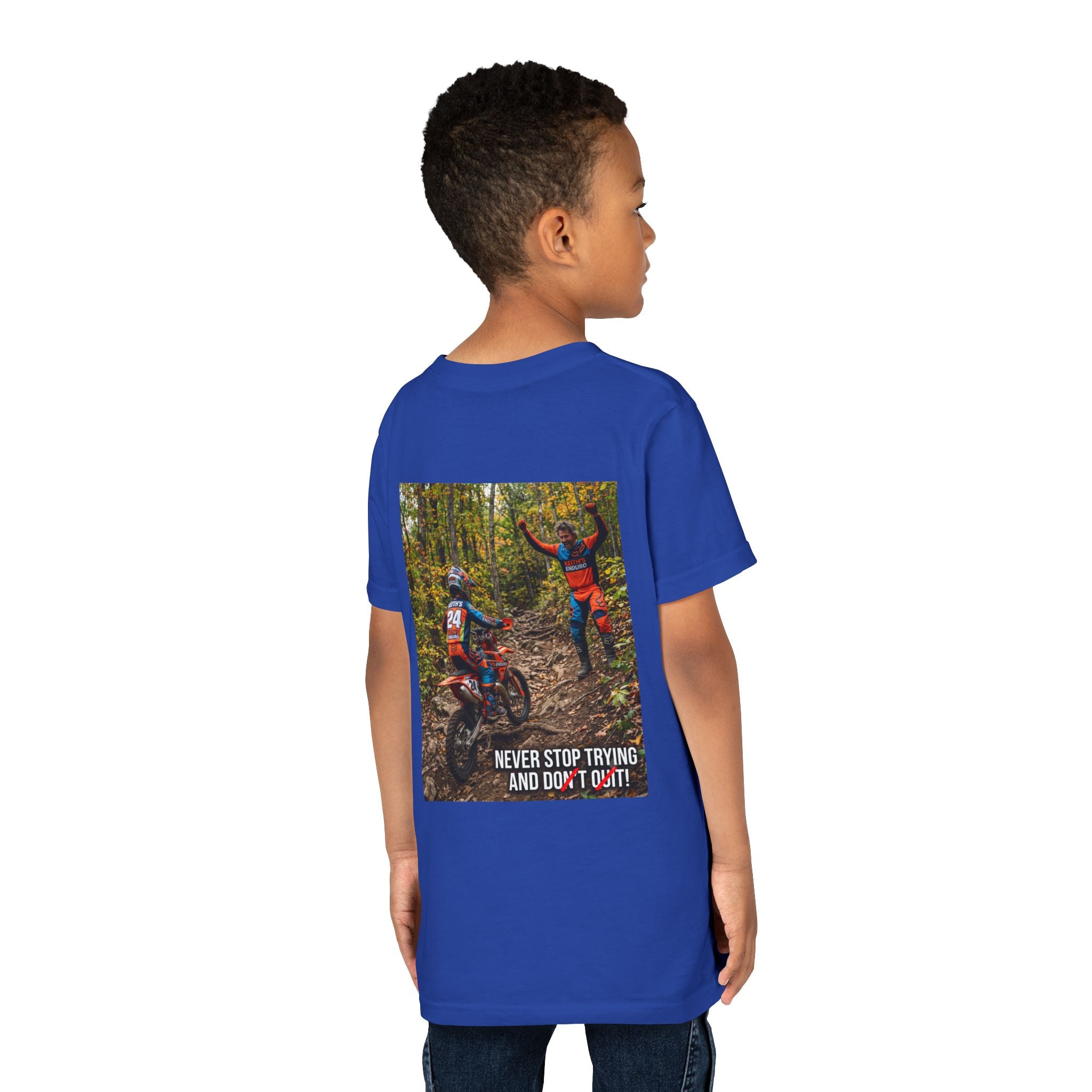 Youth Dirt Bike Tee — "Never Stop Trying and Don't Quit" Motivational Motocross Shirt