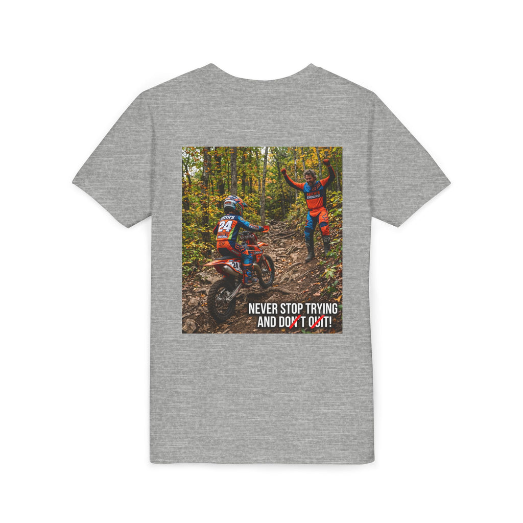 Youth Dirt Bike Tee — "Never Stop Trying and Don't Quit" Motivational Motocross Shirt
