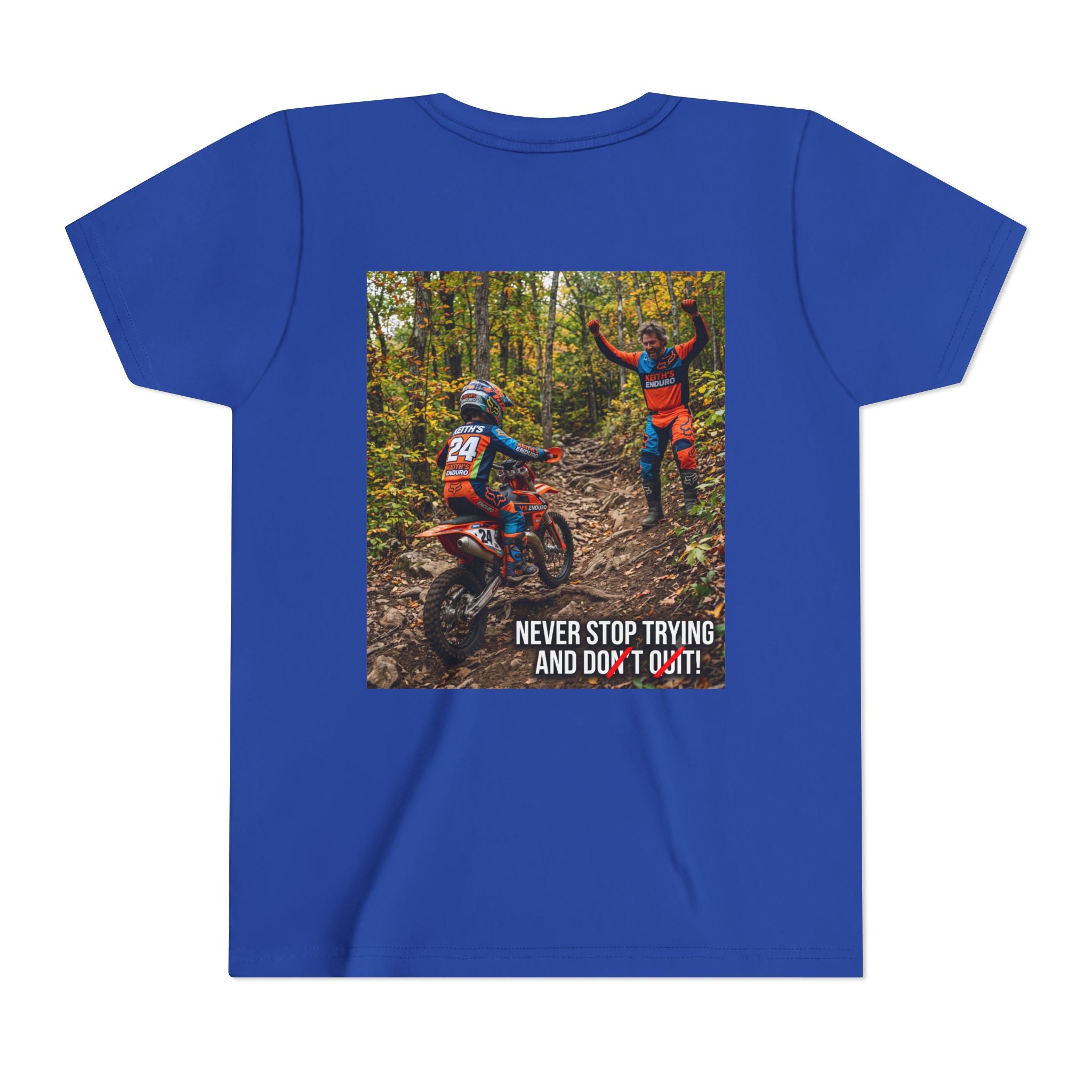 Youth Dirt Bike Tee — "Never Stop Trying and Don't Quit" Motivational Motocross Shirt
