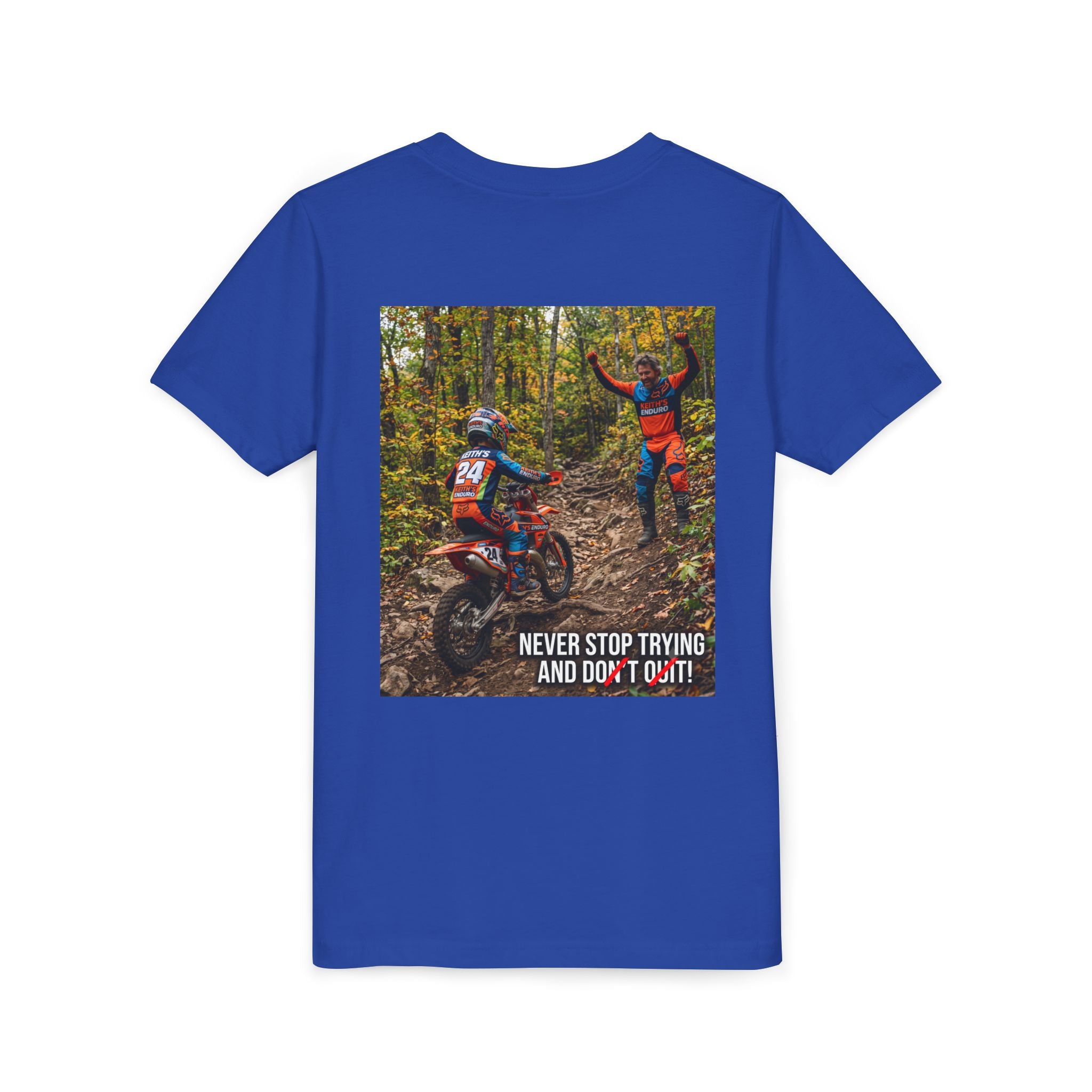 Youth Dirt Bike Tee — "Never Stop Trying and Don't Quit" Motivational Motocross Shirt