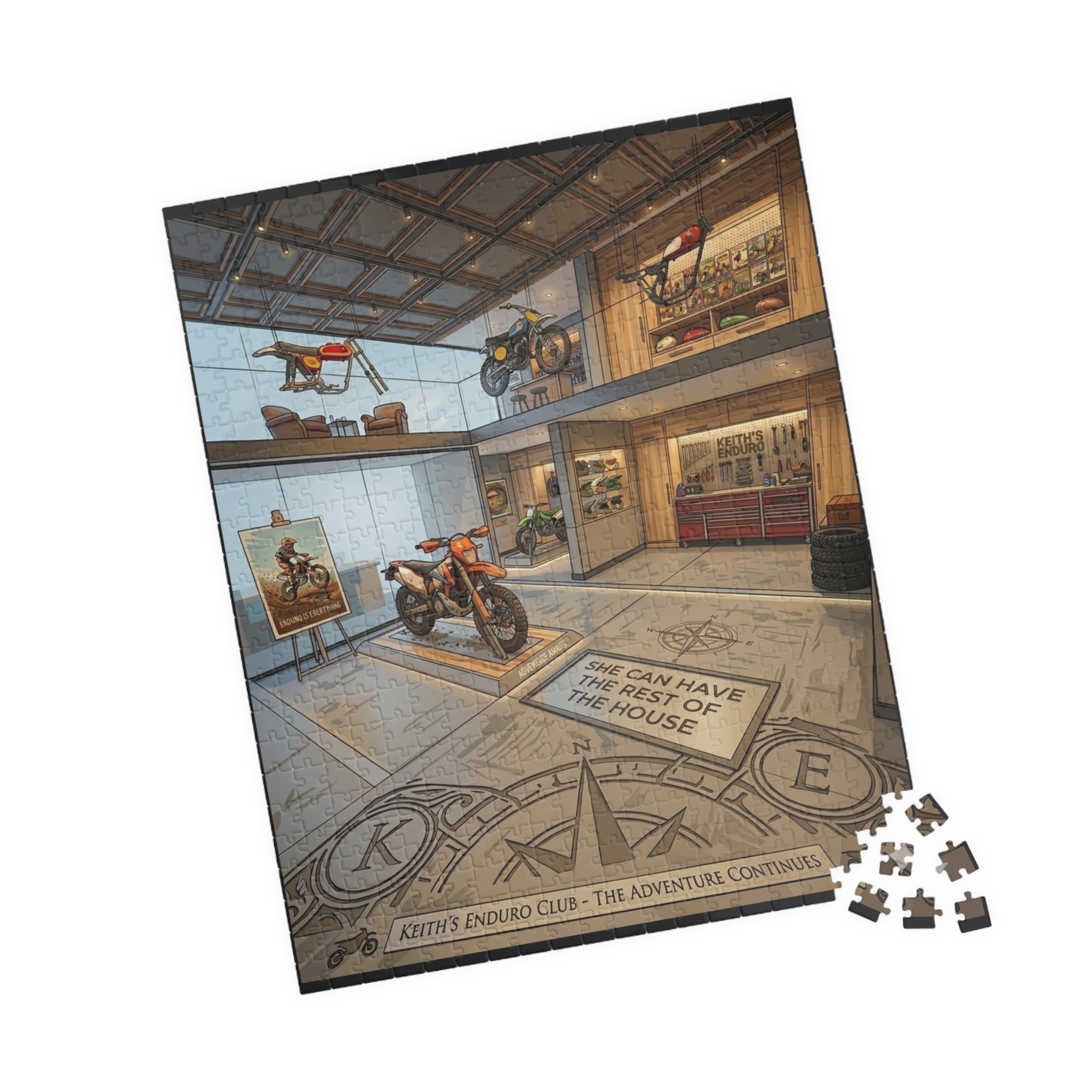 Motorcycle Garage Puzzle - Dream Workshop Scene Jigsaw puzzle "She can have the rest of the house" (110/252/520/1014 pcs)