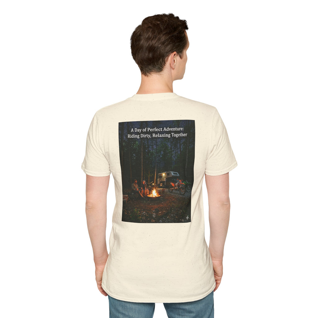 Adventure Campfire T-Shirt — "A Day of Perfect Adventure: Riding Dirty, Relaxing Together"