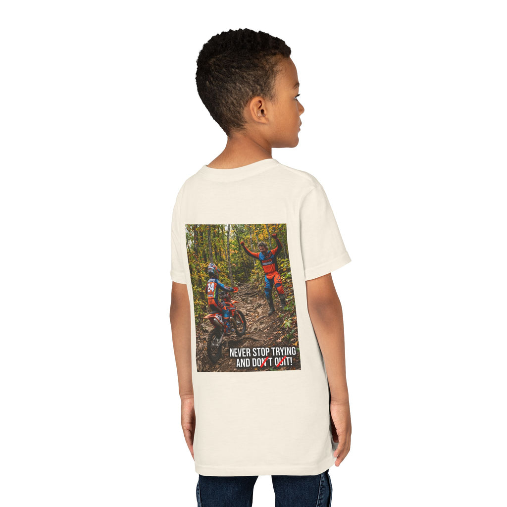 Youth Dirt Bike Tee — "Never Stop Trying and Don't Quit" Motivational Motocross Shirt