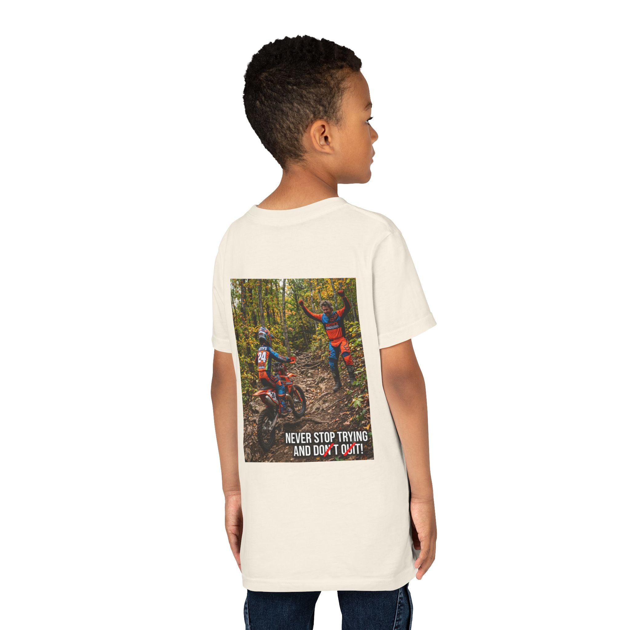 Youth Dirt Bike Tee — "Never Stop Trying and Don't Quit" Motivational Motocross Shirt