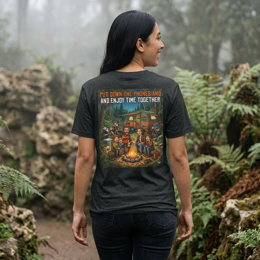 Camping Family T‑Shirt — "Put Down the Phones and Enjoy Time Together" Outdoor Campfire Dirt Bike Tee