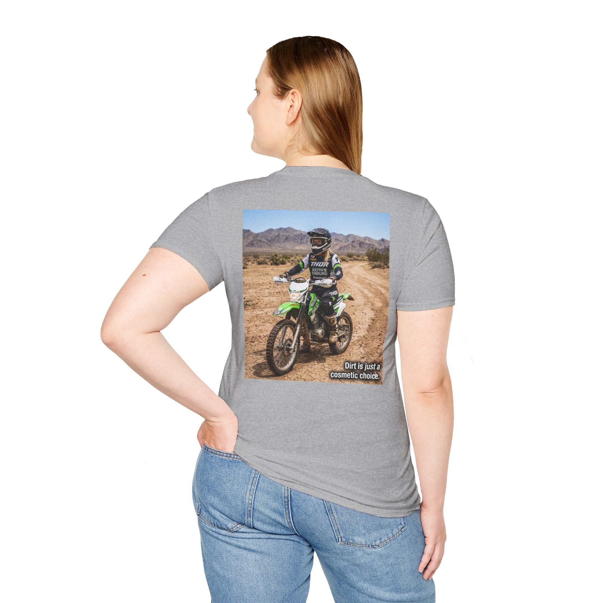 Women's Dirt Bike T-Shirt — "Dirt is a cosmetic choice #2" graphic tee