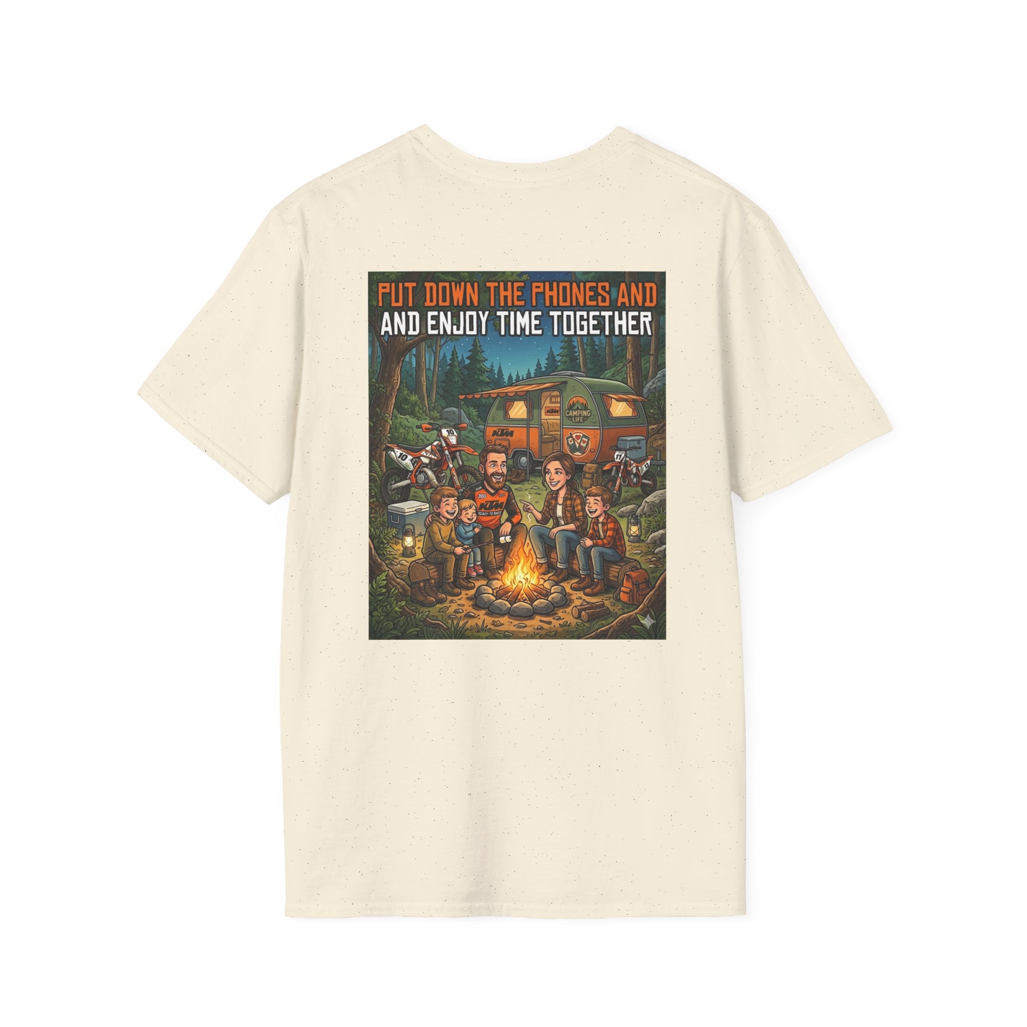 Camping Family T‑Shirt — "Put Down the Phones and Enjoy Time Together" Outdoor Campfire Dirt Bike Tee