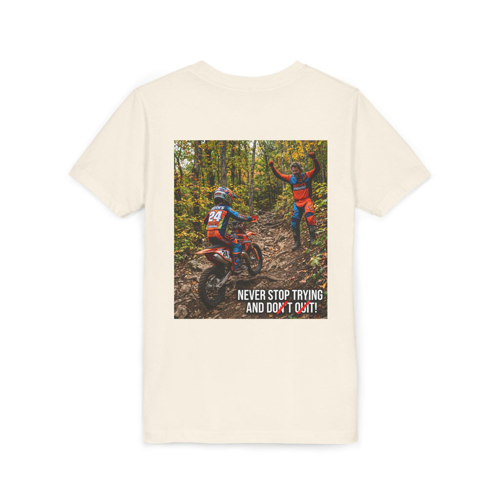 Youth Dirt Bike Tee — "Never Stop Trying and Don't Quit" Motivational Motocross Shirt