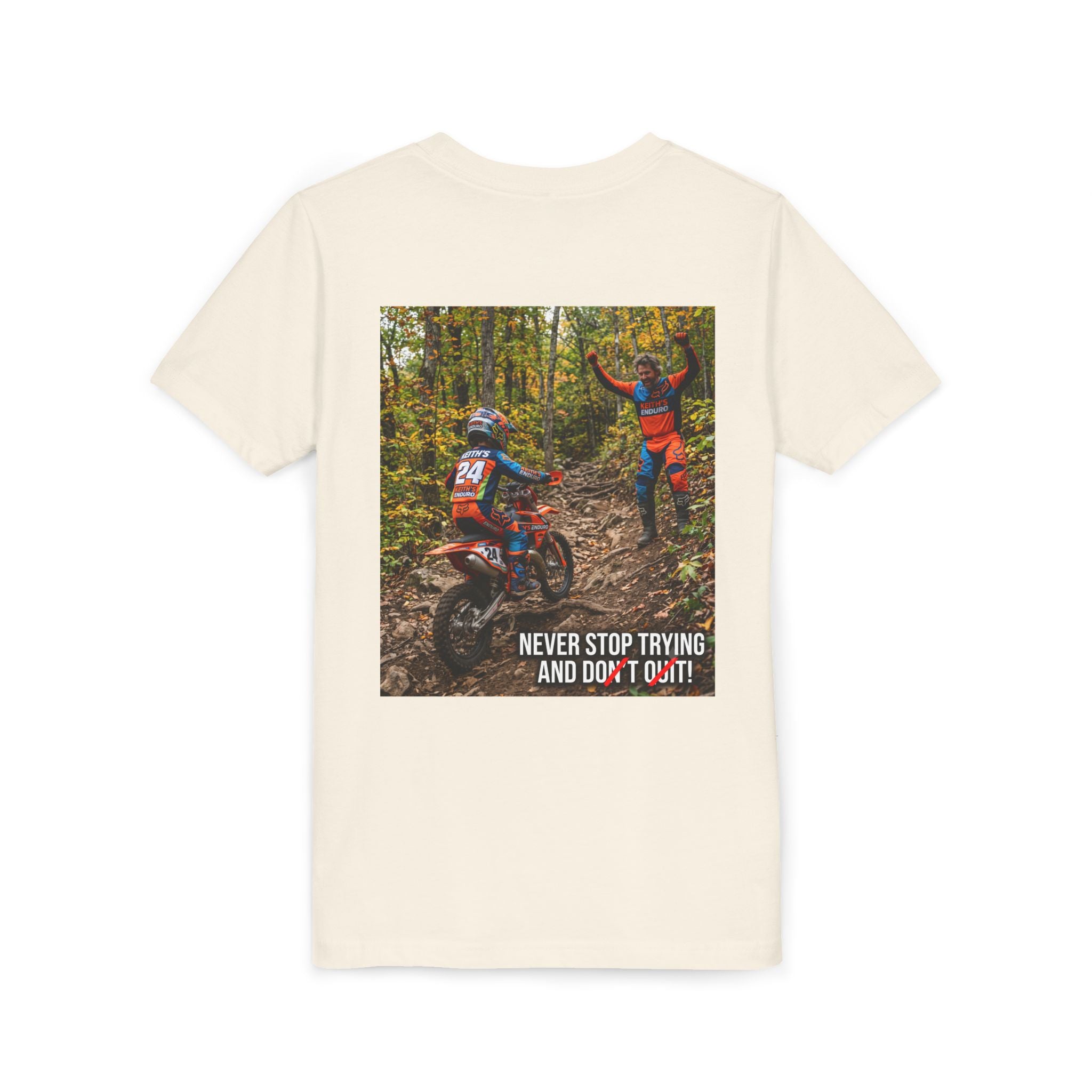 Youth Dirt Bike Tee — "Never Stop Trying and Don't Quit" Motivational Motocross Shirt