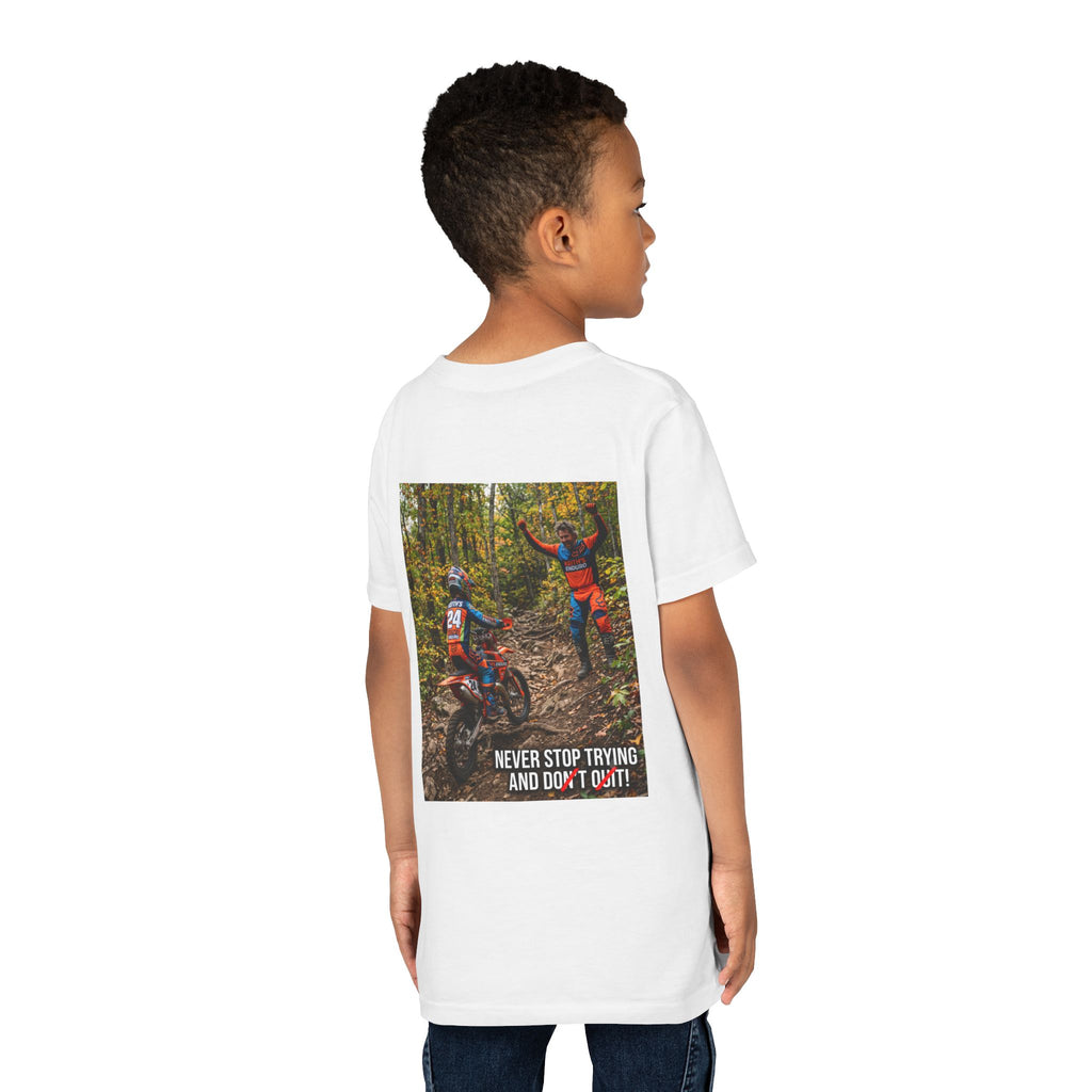 Youth Dirt Bike Tee — "Never Stop Trying and Don't Quit" Motivational Motocross Shirt