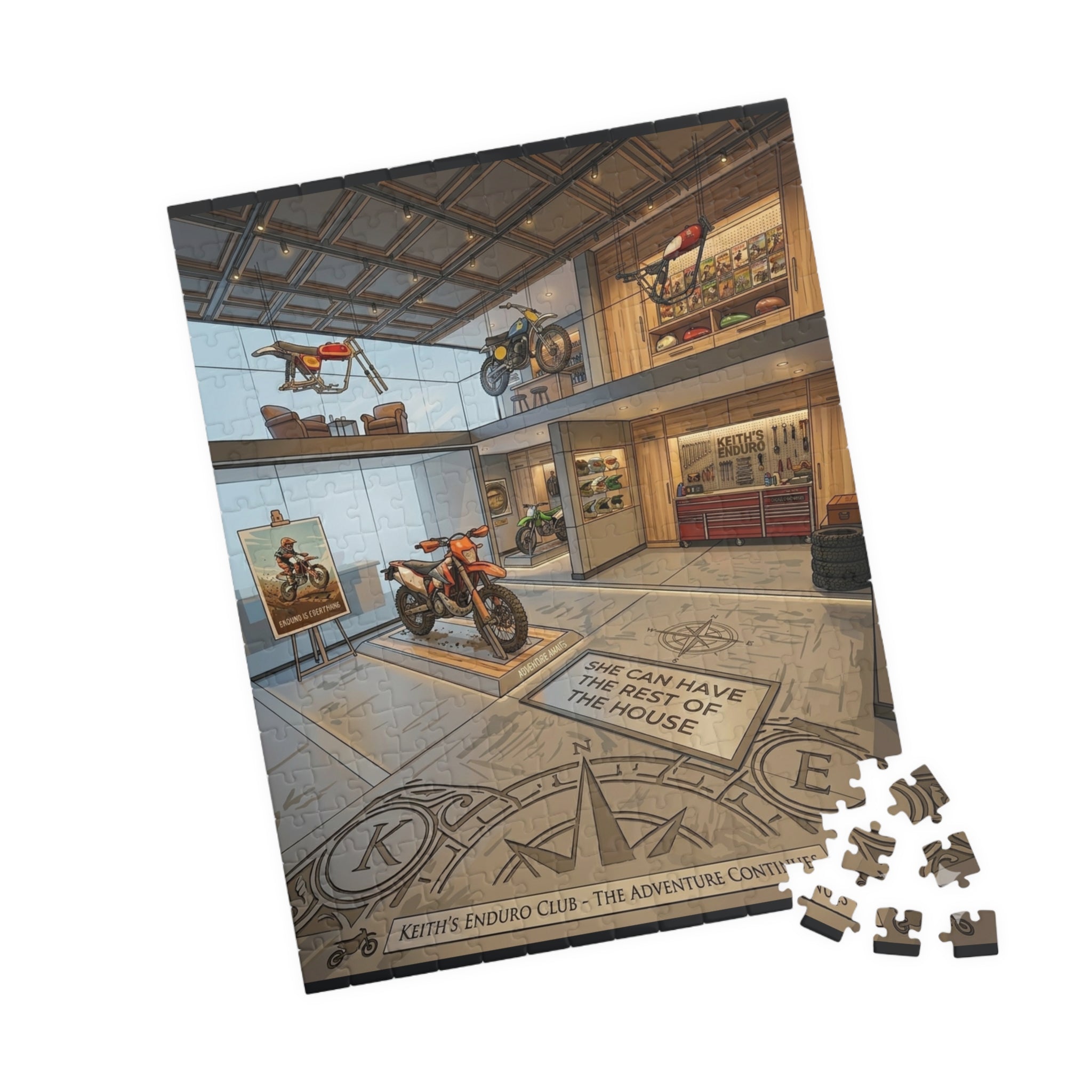 Motorcycle Garage Puzzle - Dream Workshop Scene Jigsaw puzzle "She can have the rest of the house" (110/252/520/1014 pcs)