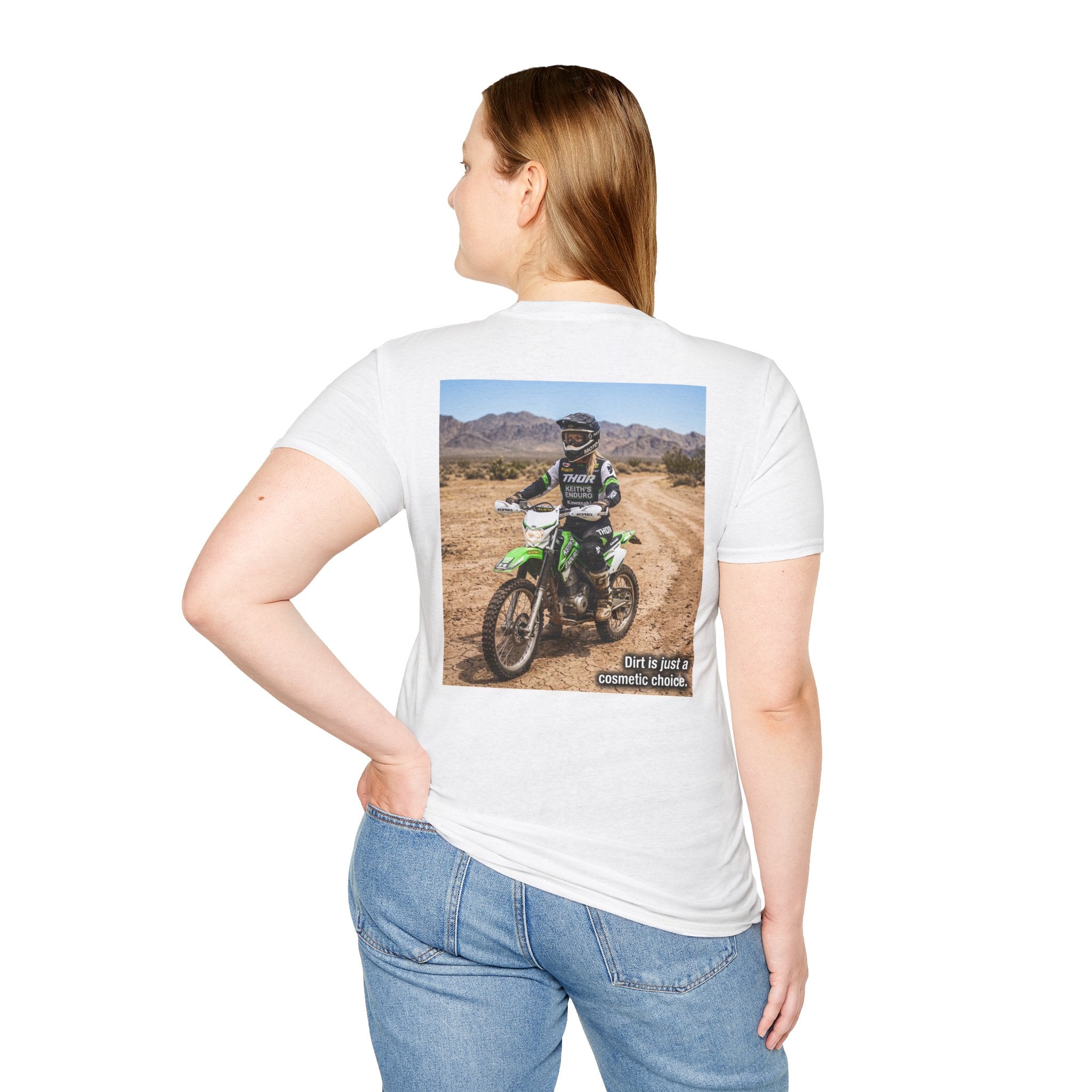 Women's Dirt Bike T-Shirt — "Dirt is a cosmetic choice #2" graphic tee