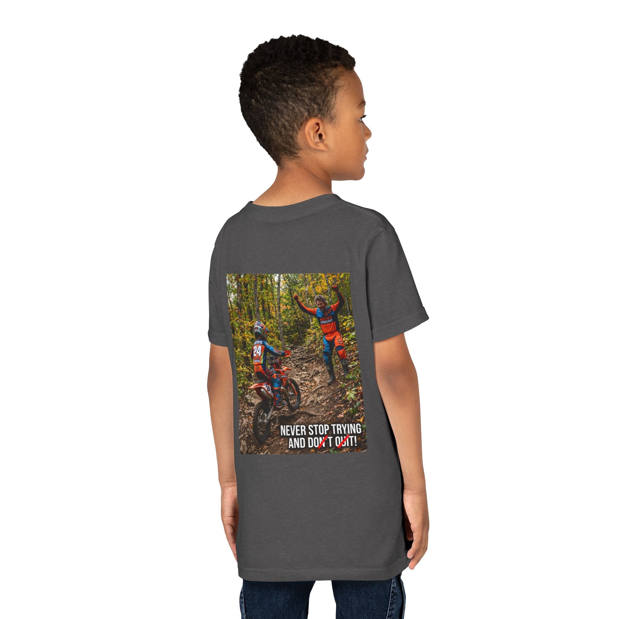 Youth Dirt Bike Tee — "Never Stop Trying and Don't Quit" Motivational Motocross Shirt