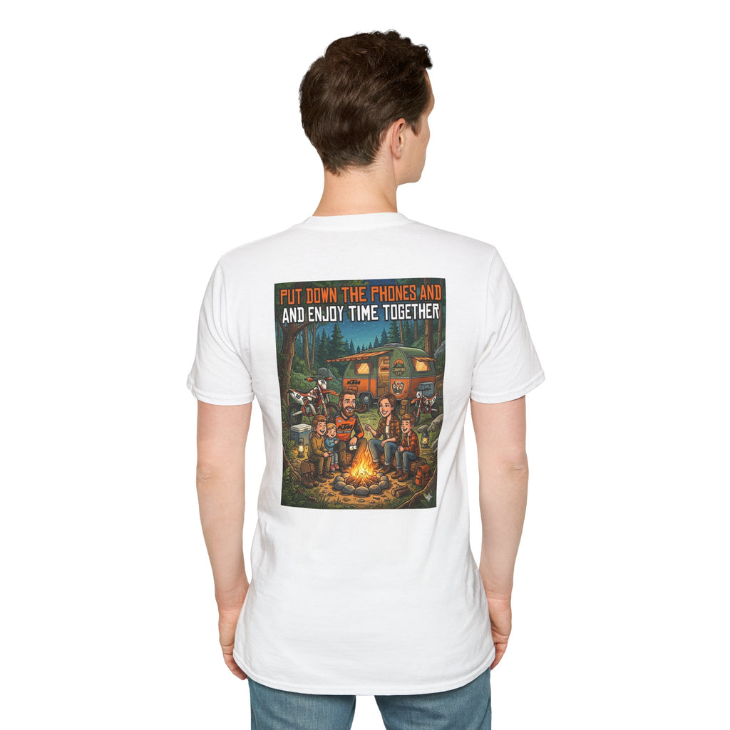 Camping Family T‑Shirt — "Put Down the Phones and Enjoy Time Together" Outdoor Campfire Dirt Bike Tee