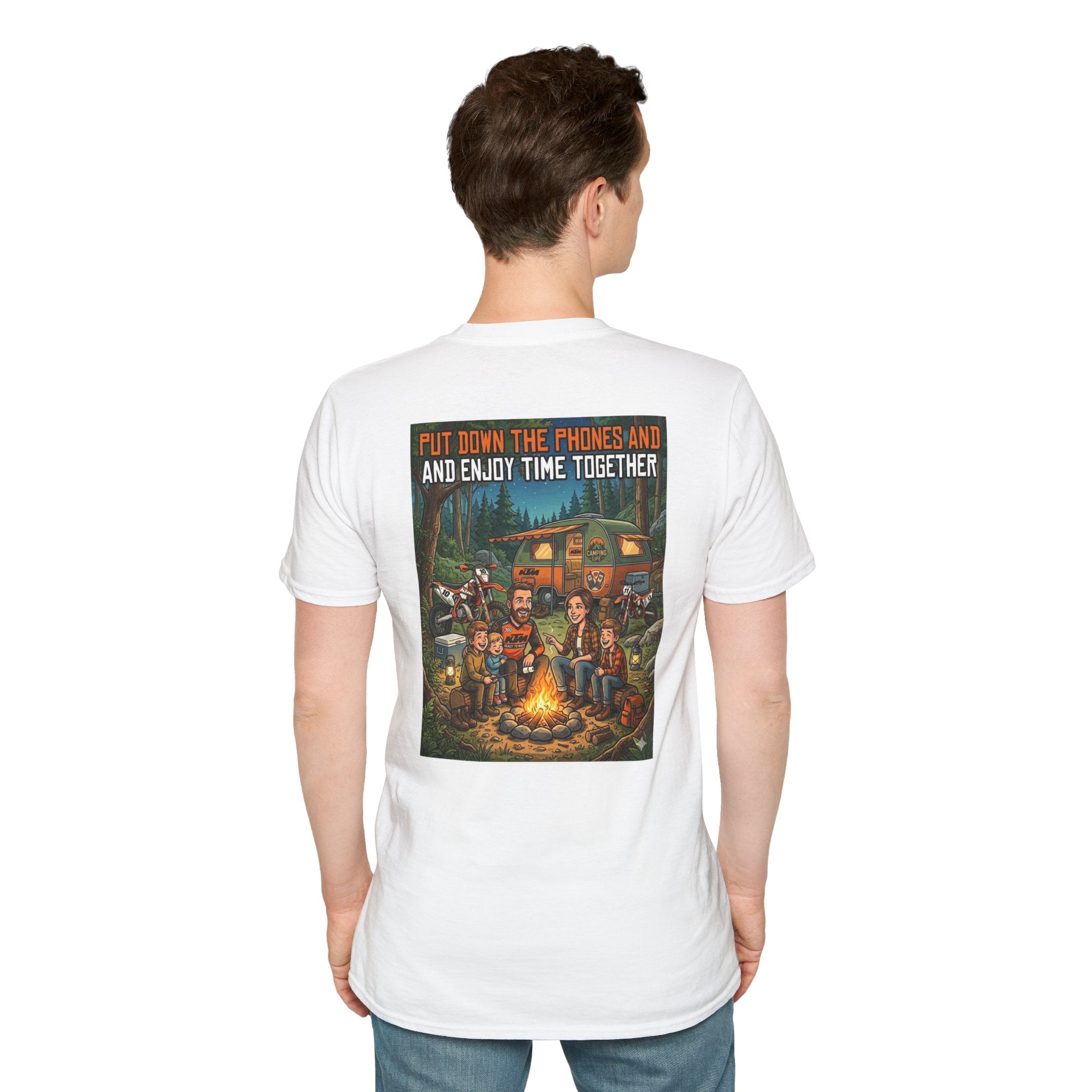 Camping Family T‑Shirt — "Put Down the Phones and Enjoy Time Together" Outdoor Campfire Dirt Bike Tee