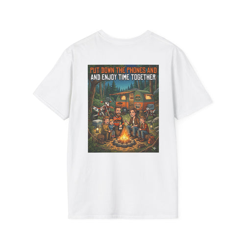 Camping Family T‑Shirt — "Put Down the Phones and Enjoy Time Together" Outdoor Campfire Dirt Bike Tee