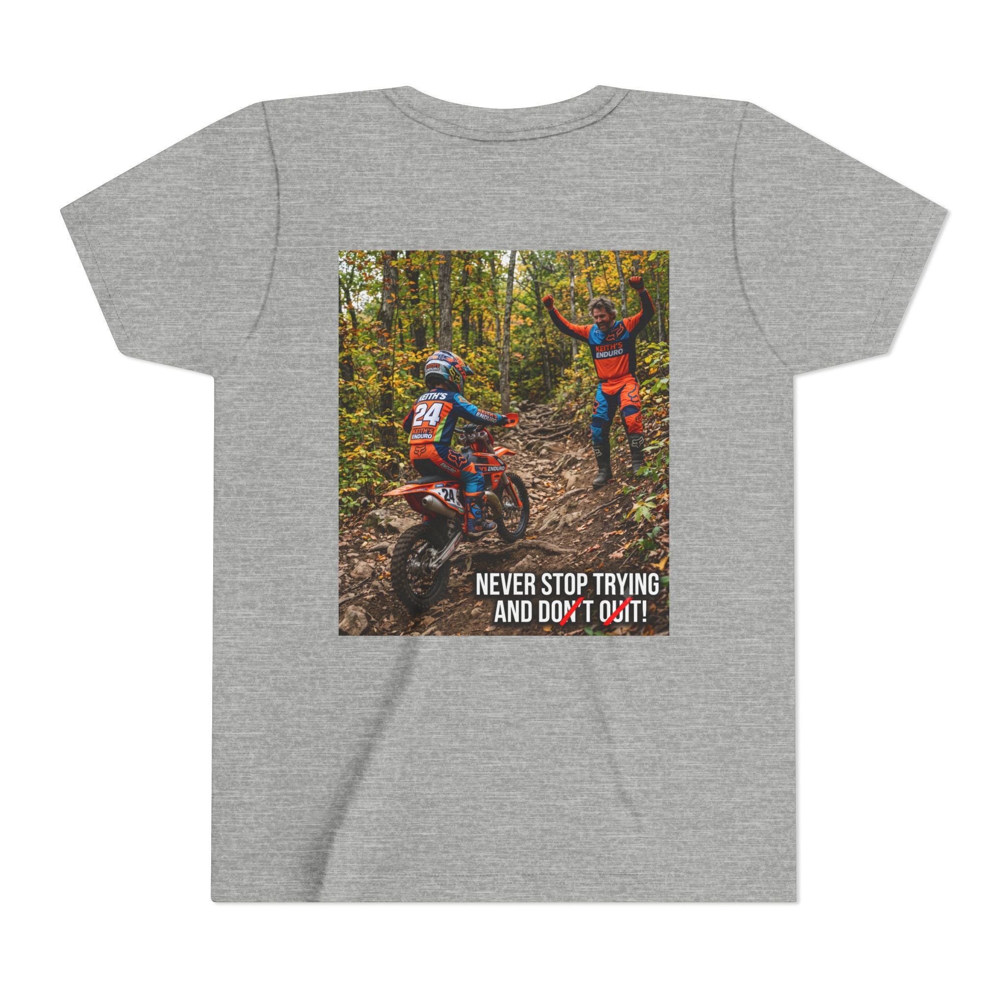 Youth Dirt Bike Tee — "Never Stop Trying and Don't Quit" Motivational Motocross Shirt