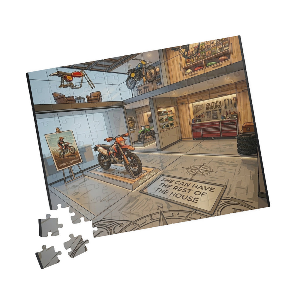 Motorcycle Garage Puzzle - Dream Workshop Scene Jigsaw puzzle "She can have the rest of the house" (110/252/520/1014 pcs)