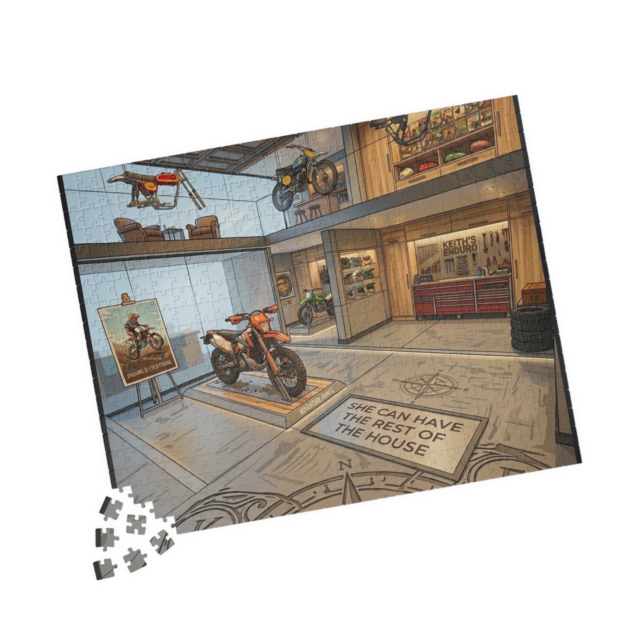 Motorcycle Garage Puzzle - Dream Workshop Scene Jigsaw puzzle "She can have the rest of the house" (110/252/520/1014 pcs)