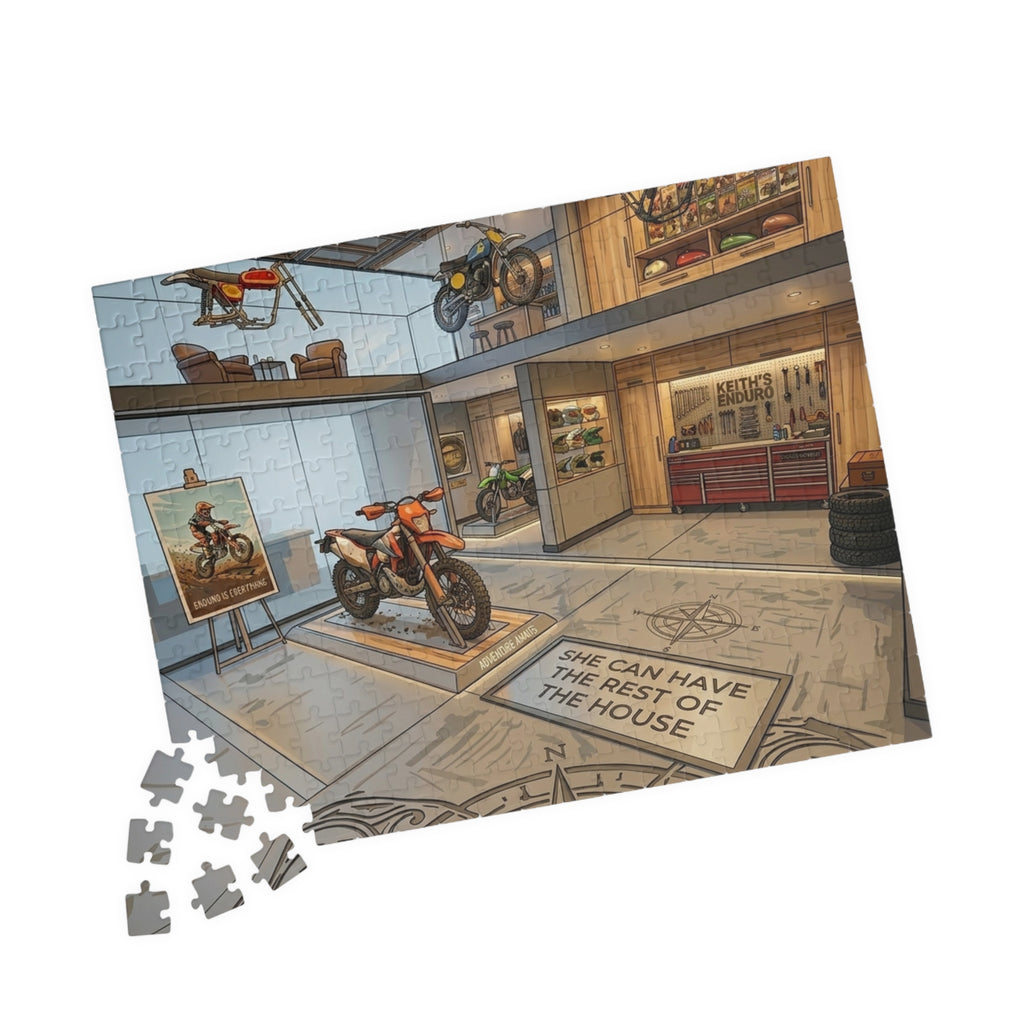 Motorcycle Garage Puzzle - Dream Workshop Scene Jigsaw puzzle "She can have the rest of the house" (110/252/520/1014 pcs)