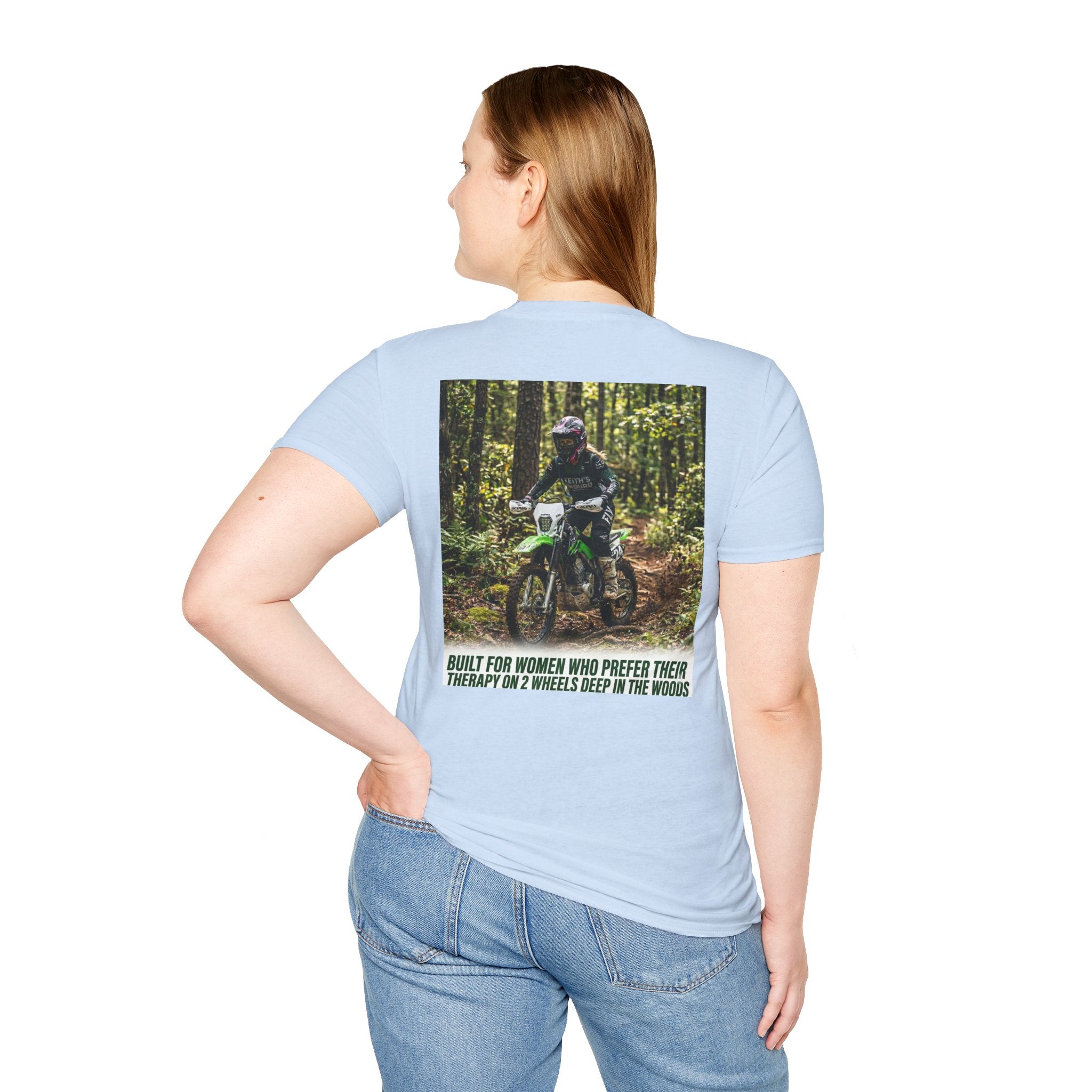 Women's T-Shirt — Trail Riding Design “Therapy on two wheels” | Casual Tee for Dirt Bike Lovers